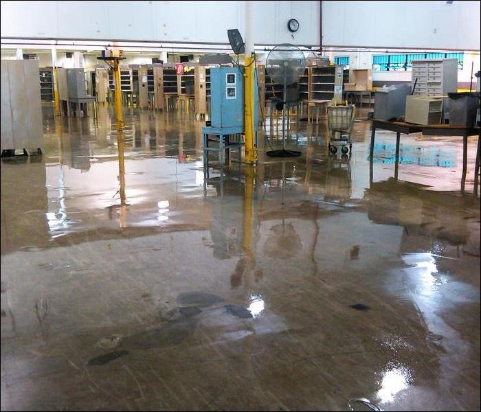 warehouse with water covering the floor