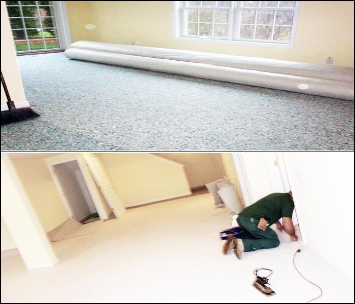 two photos showing the installation of carpet